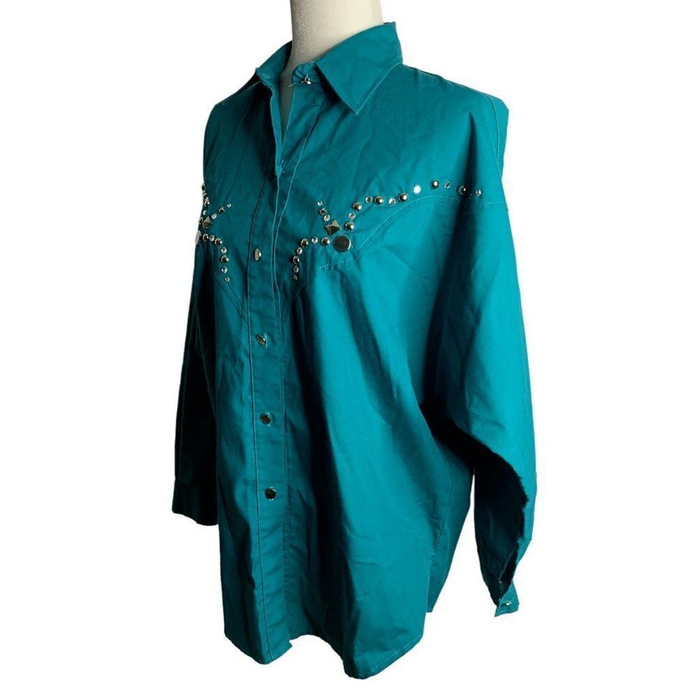 Vintage 80s H Bar C Embellished Western Shirt M Green Long Sleeve Rhinestone - Picture 3 of 6